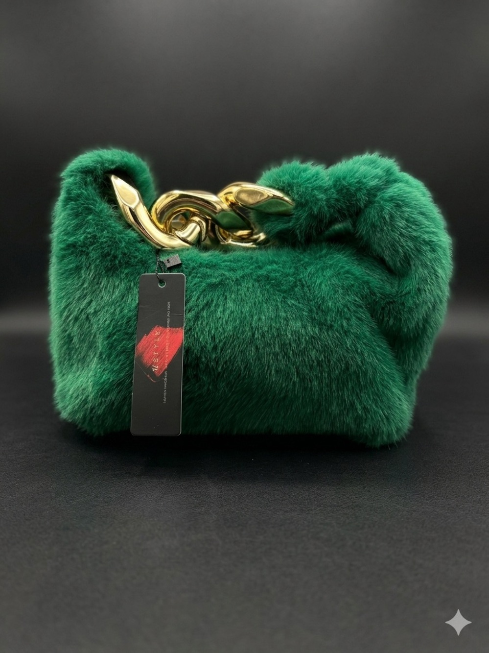 Green Faux-Fur Chain Handle Shoulder Bag